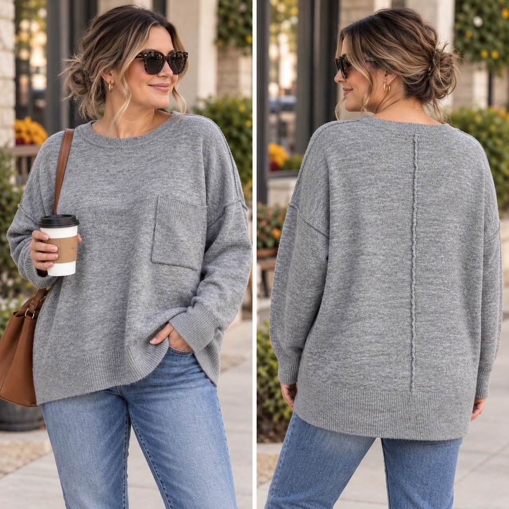 Zenana Melange Oversized Pocket Sweater Women's Medium Heather Gray Hi Low NWOT